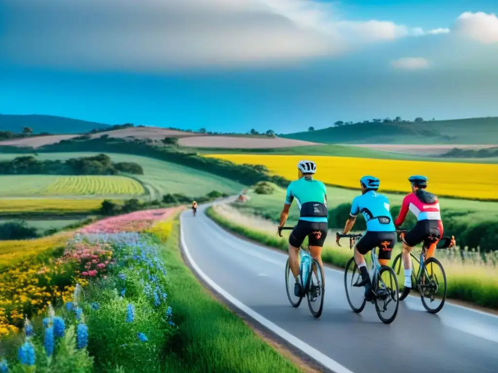 Ciclistas con cascos y equipo reflectante en ruta escénica de Uruguay