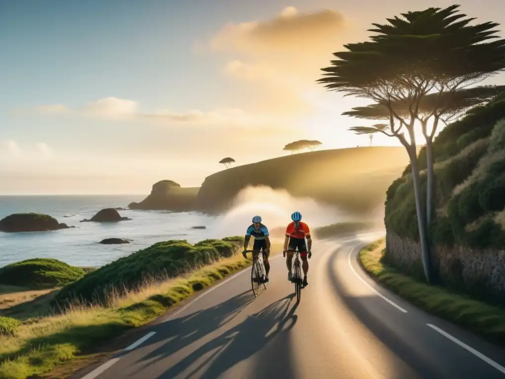 Ciclistas recorriendo la costa de Uruguay al atardecer, con un sol dorado y suave brillo sobre las olas del mar