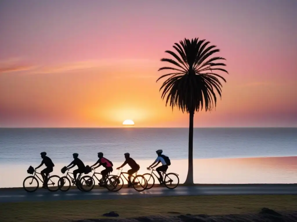 Ciclistas explorando la costa de Uruguay al amanecer con equipo de camping, sombras alargadas en la ruta