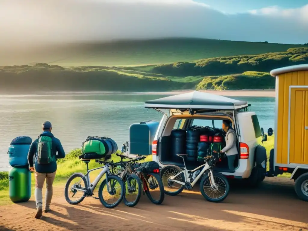 Ciclistas felices descargando bicicletas de ferry en costa de Uruguay al atardecer, rodeados de naturaleza exuberante y equipamiento ecológico