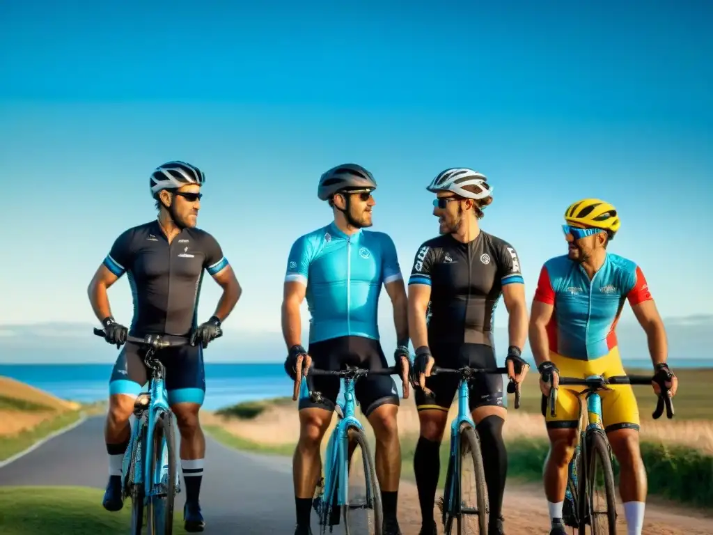 Ciclistas en ruta, disfrutando del paisaje costero de Uruguay con equipo de seguridad