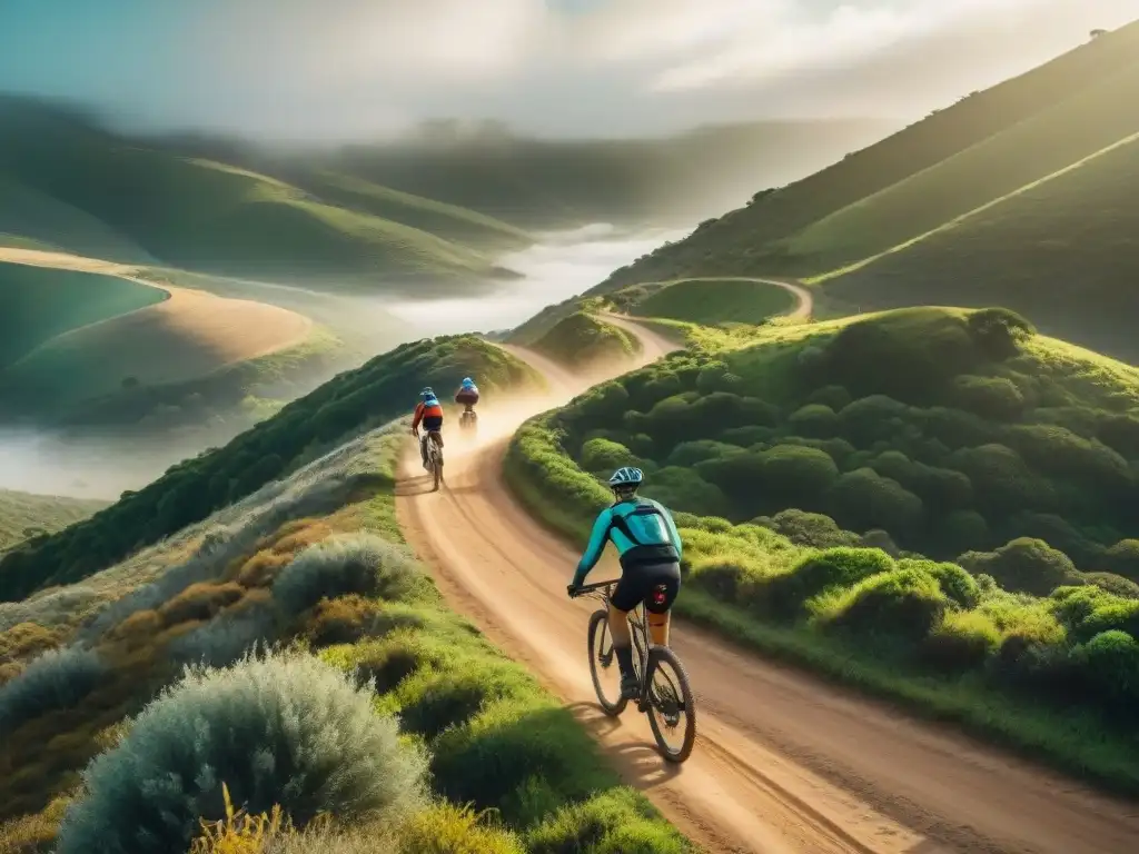 Ciclistas explorando rutas de montaña en Uruguay, rodeados de vegetación exuberante y paisajes pintorescos