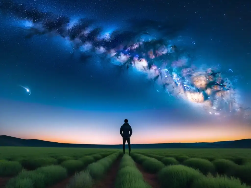 Un cielo estrellado sobre Uruguay, donde se observan constelaciones mientras una figura solitaria contempla la inmensidad