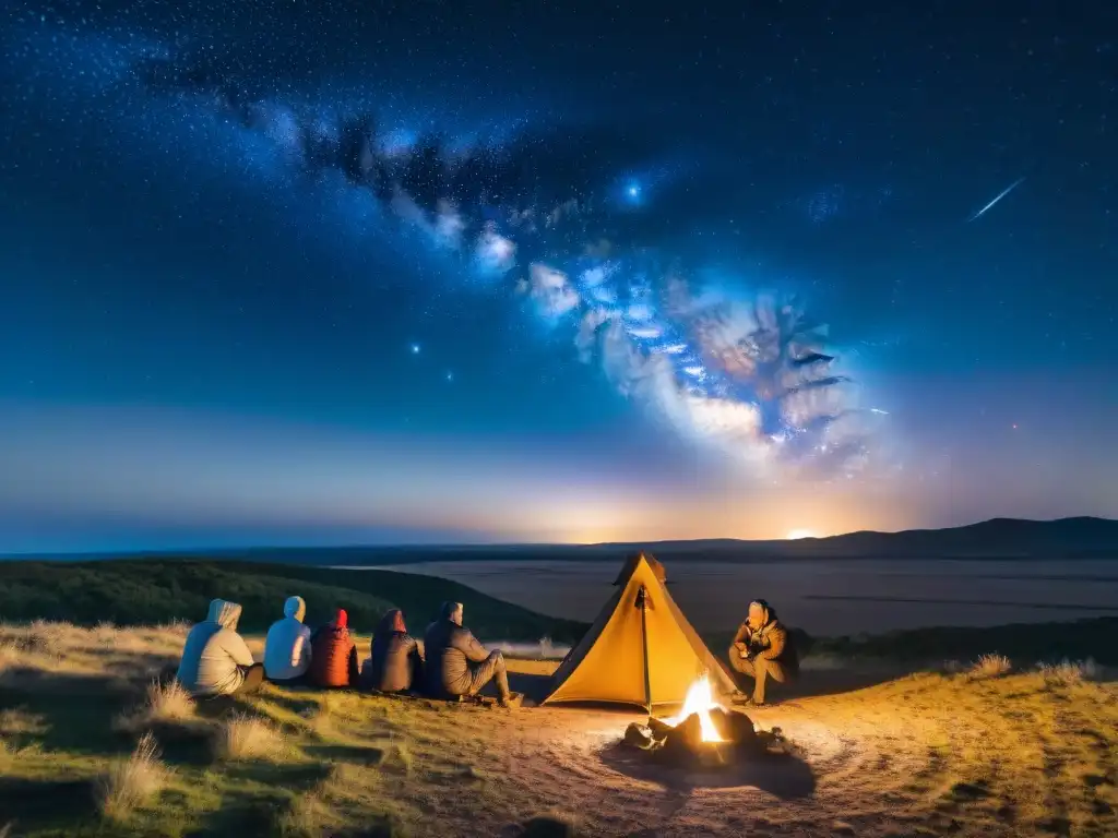 Un cielo estrellado sobre las llanuras de Uruguay, campamento nocturno con fogata y telescopios