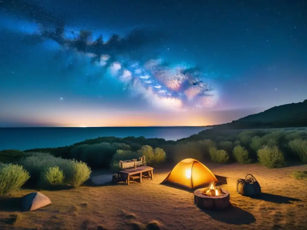 Fotografiar cielo nocturno Uruguay camping: Campamento sereno bajo estrellas, iluminado por fogata