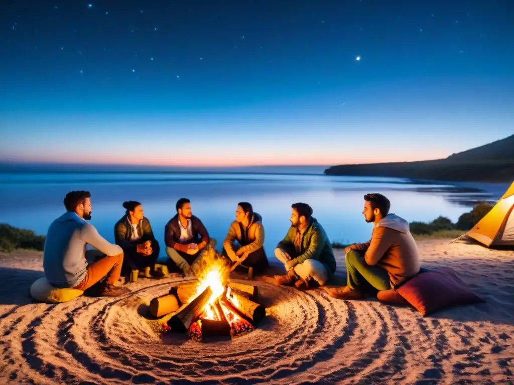 Un círculo de campistas alrededor de una fogata en un festival de narración en campings, bajo un cielo estrellado en Uruguay