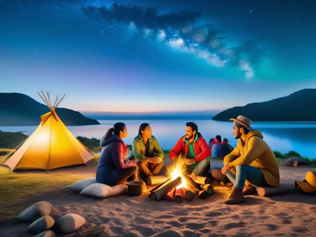 Un círculo de tambores uruguayos alrededor de la fogata bajo un cielo estrellado en un vibrante campamento cultural en Uruguay