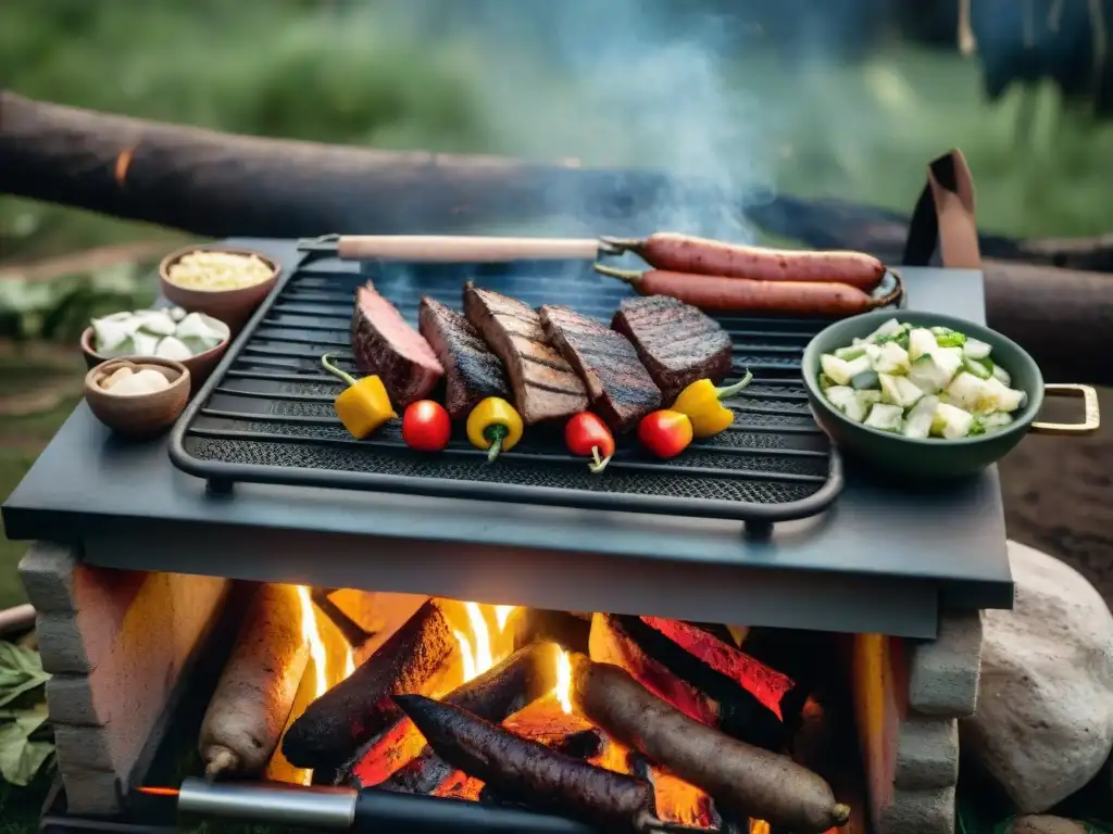 Cocina al aire libre en un campamento rústico al atardecer, con un asado uruguayo rodeado de productos locales y utensilios de camping