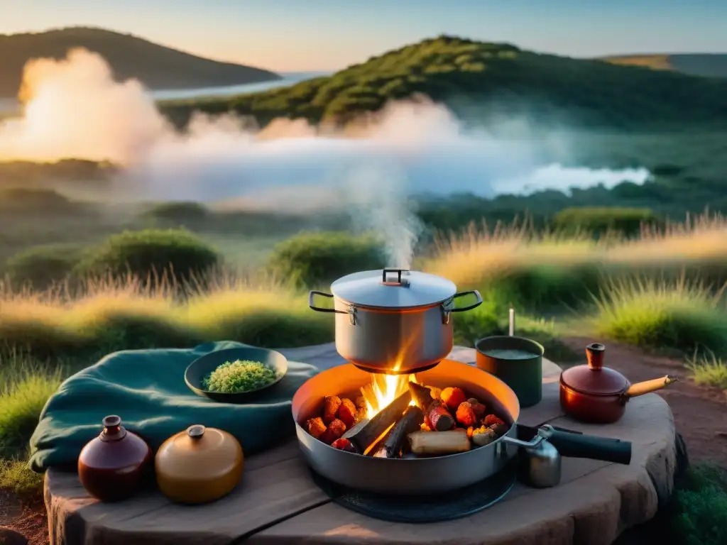 Cocina al aire libre con hornillos portátiles camping Uruguay, preparando guiso tradicional al atardecer en campamento sereno