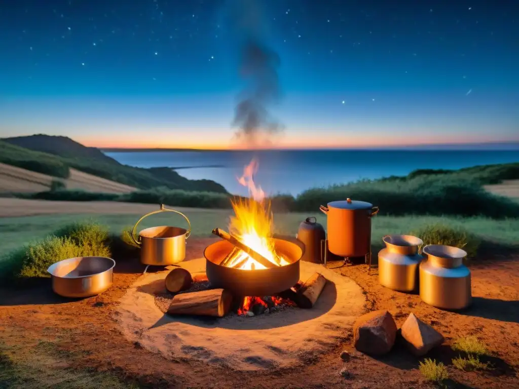 Cocina portátil de camping en Uruguay bajo un cielo estrellado, campistas disfrutando de una noche acogedora alrededor de la hoguera