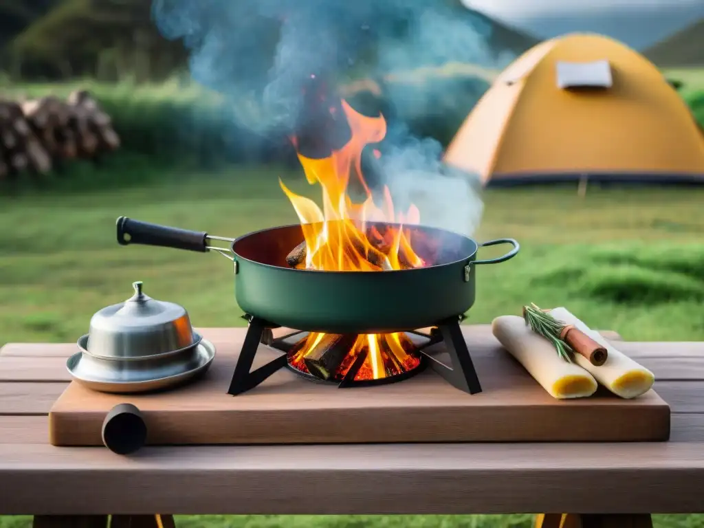 Cocina portátil de camping en medio de un asado uruguayo al aire libre en la exuberante naturaleza