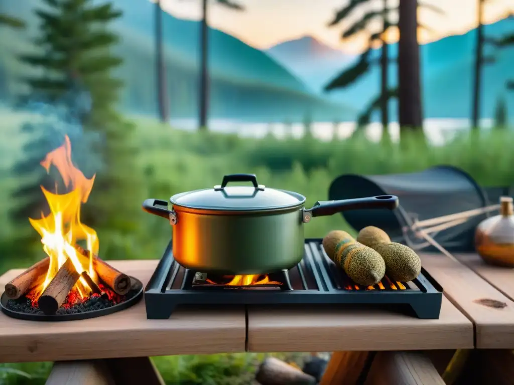 Una cocina de camping con las mejores especias para cocina camping, creando una experiencia culinaria al aire libre llena de sabor y aventura