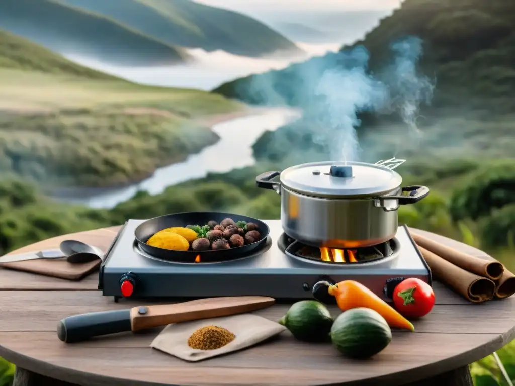 Cocina portátil de camping en la naturaleza de Uruguay con olla al vapor, utensilios y productos frescos