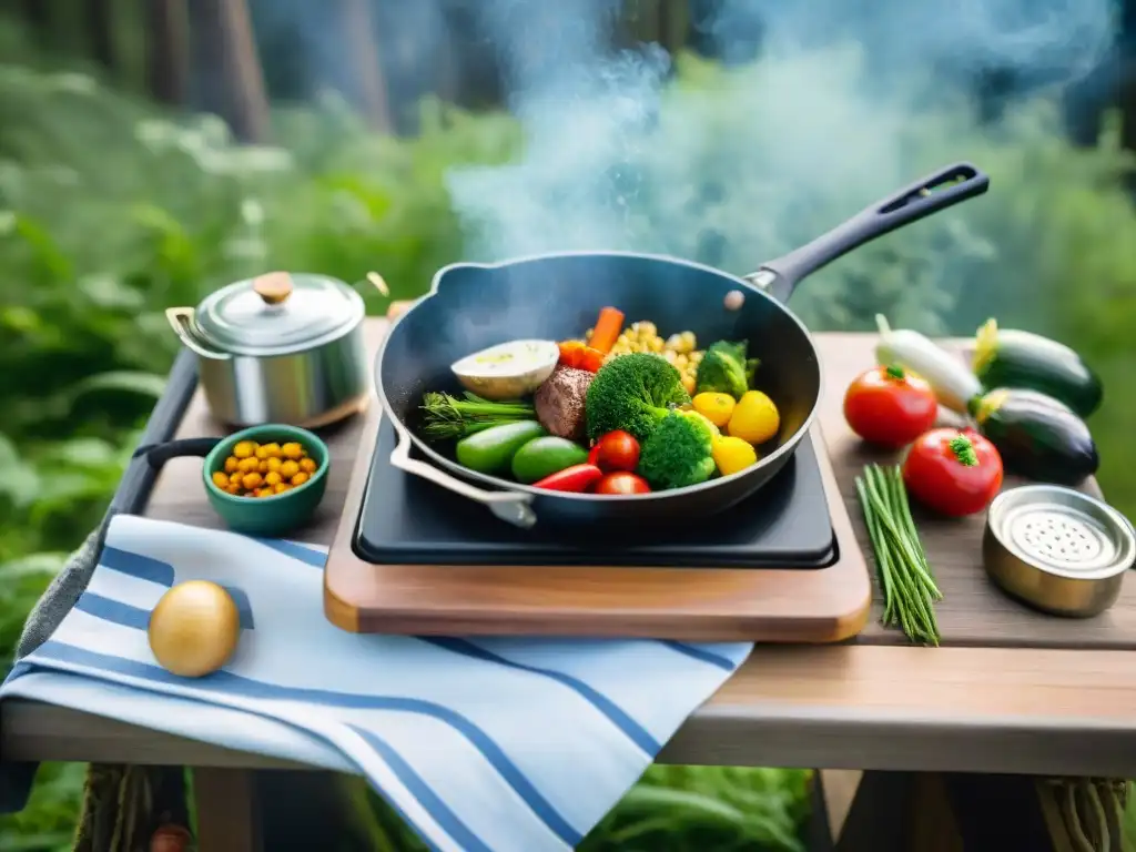 Cocina gourmet al aire libre en bosque con cocinas portátiles para camping gourmet