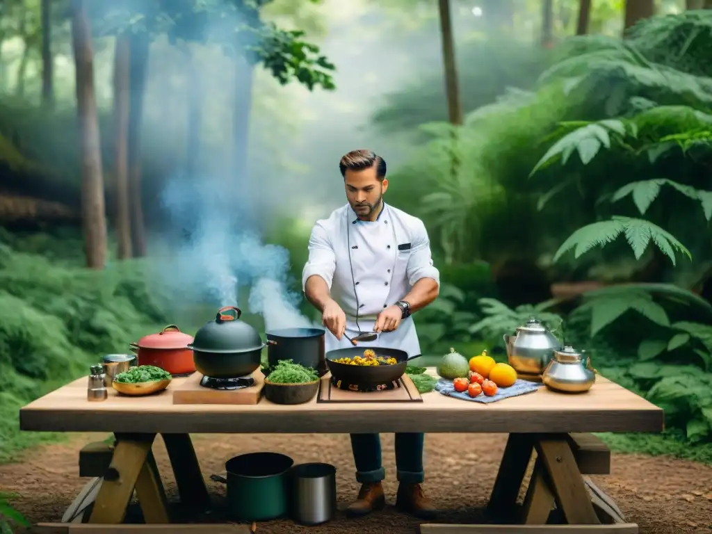 Cocina gourmet en el bosque: chef preparando una comida con cocinas portátiles para camping gourmet