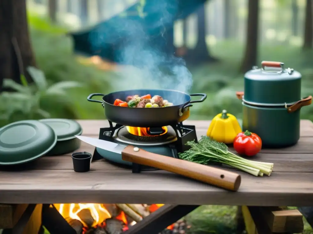 Cocina gourmet en medio del bosque con cocinas portátiles para camping gourmet