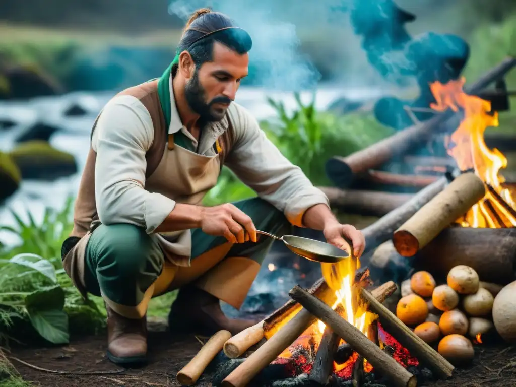 Bushcrafter en Uruguay cocina con ingredientes forrajeados sobre fogata en entorno natural