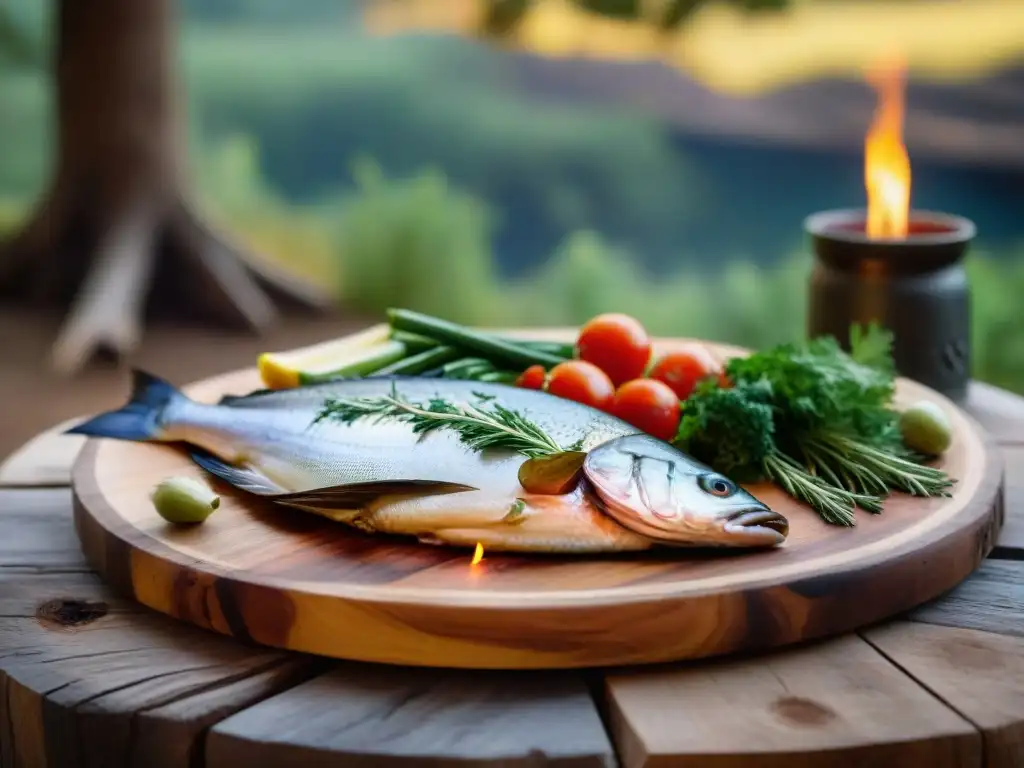 Cocina con ingredientes locales en ambiente de camping con mesa de madera rústica y comida fresca en un bosque soleado