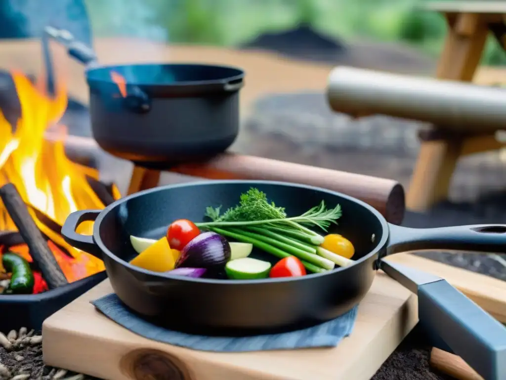 Cocina con ingredientes locales en camping: sartén de hierro con vegetales coloridos y hierbas frescas en fogata al atardecer en bosque sereno