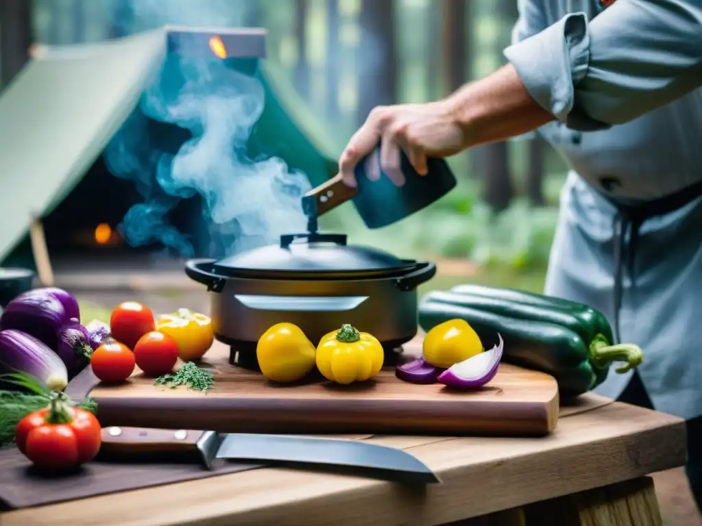 Cocina con ingredientes locales camping: Chef cortando verduras frescas en la naturaleza