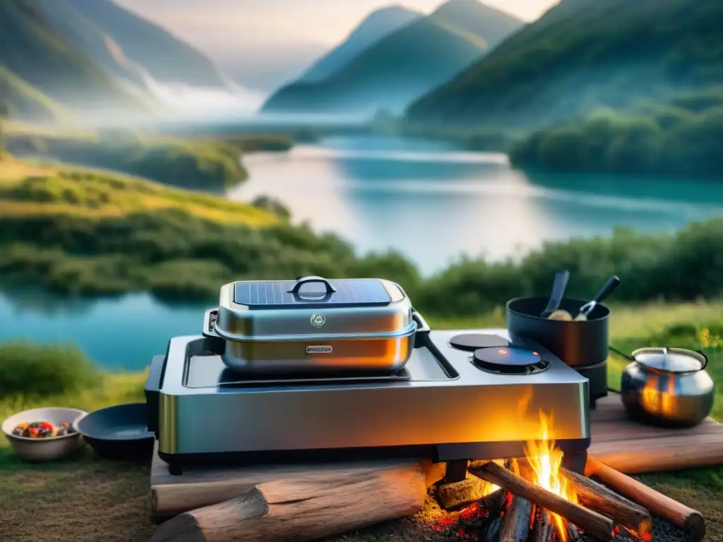 Cocina inteligente portátil en camping con tecnología moderna y vistas panorámicas