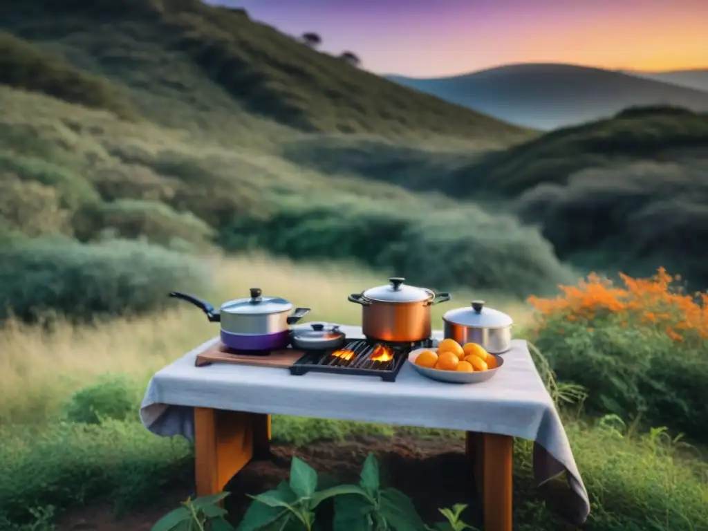 Cocina portátil en campamento de Uruguay al atardecer, evocando tranquilidad y aventura