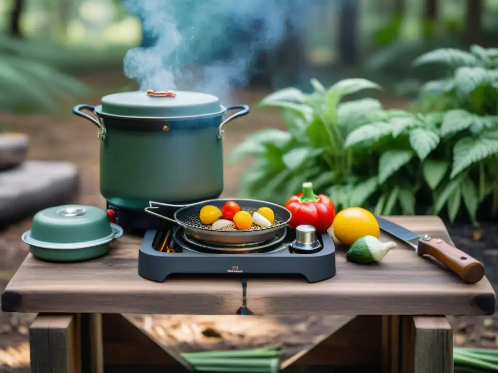 Cocina portátil en la naturaleza con nuevos gadgets para camping