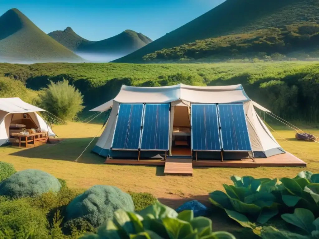 Cocina solar para camping en Uruguay: Campamento sostenible con cocina moderna y paneles solares en un paisaje verde y soleado