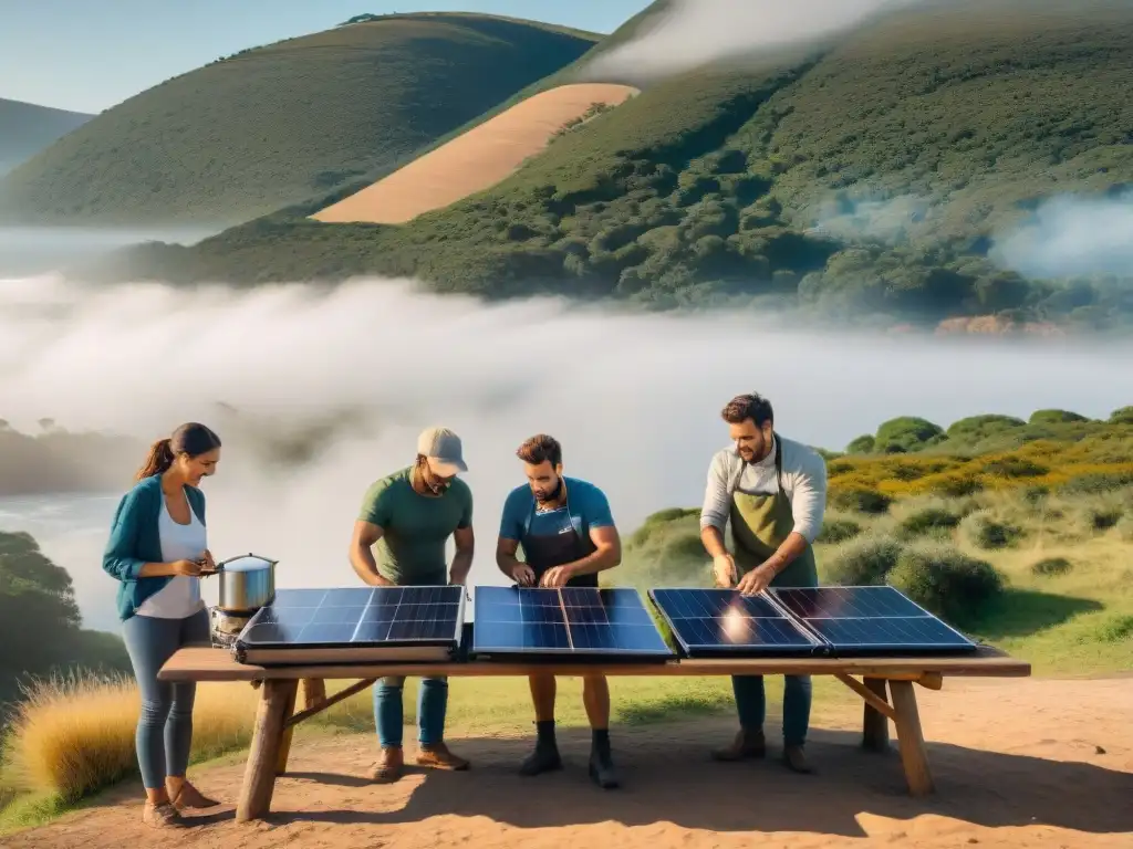 Cocina solar para camping en Uruguay: Grupo de campistas entusiastas montando cocina solar en un entorno natural idílico