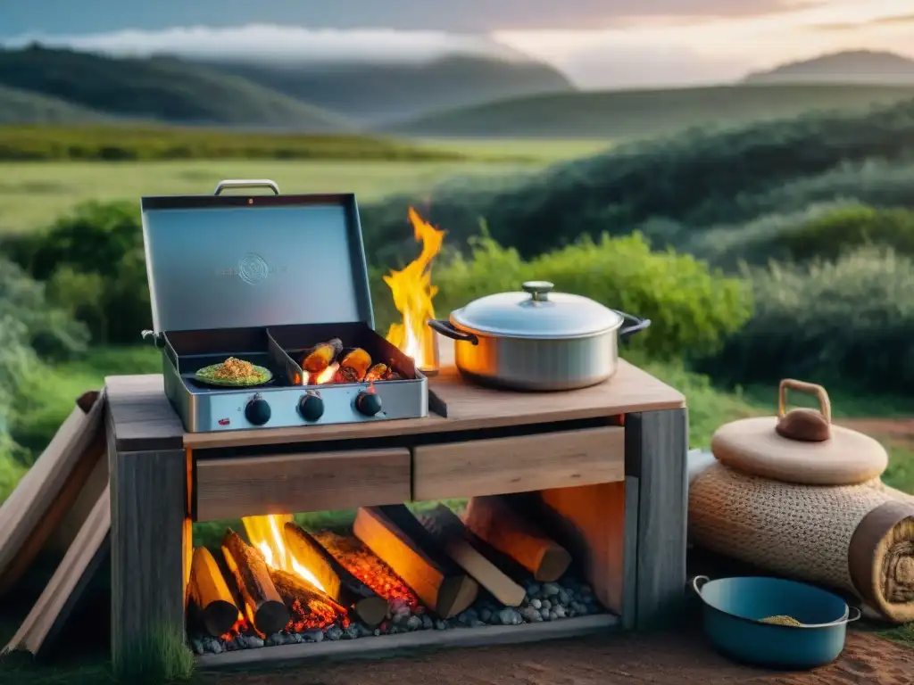 Cocina sostenible en camping Uruguay: Campamento sereno al atardecer con cocina eco, paneles solares y naturaleza exuberante