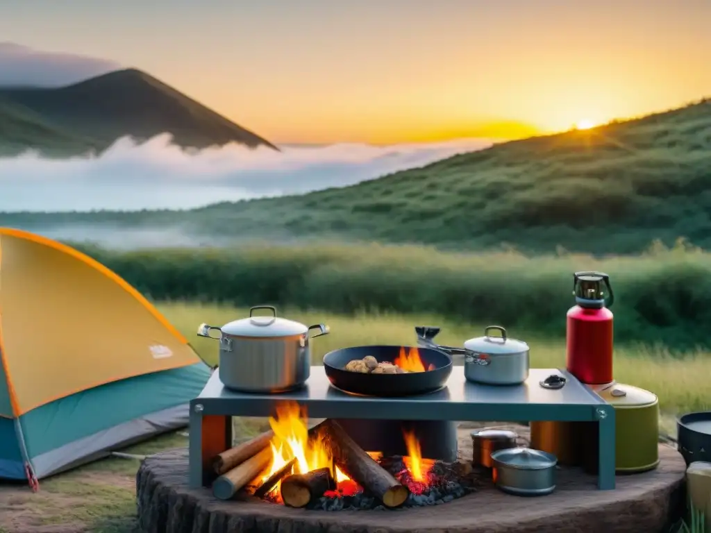 Cocinas portátiles camping Uruguay: Campamento feliz al atardecer con fogata, río y tiendas de campaña