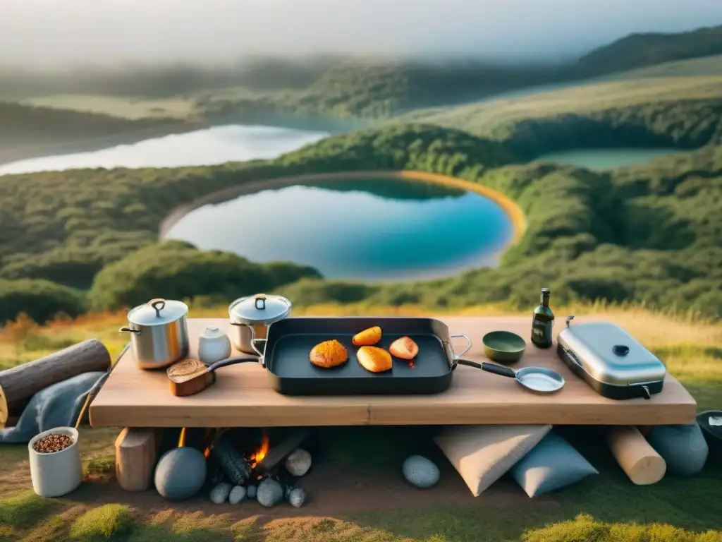 Cocinas portátiles camping Uruguay: Campamento tranquilo junto al lago, amigos cocinando alrededor de la fogata