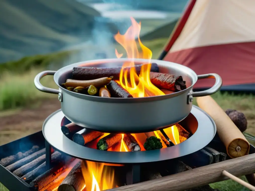 Cocinas portátiles camping Uruguay: Cocinando en un camping en las colinas de Uruguay, con chorizo y morcilla al fuego en una sartén