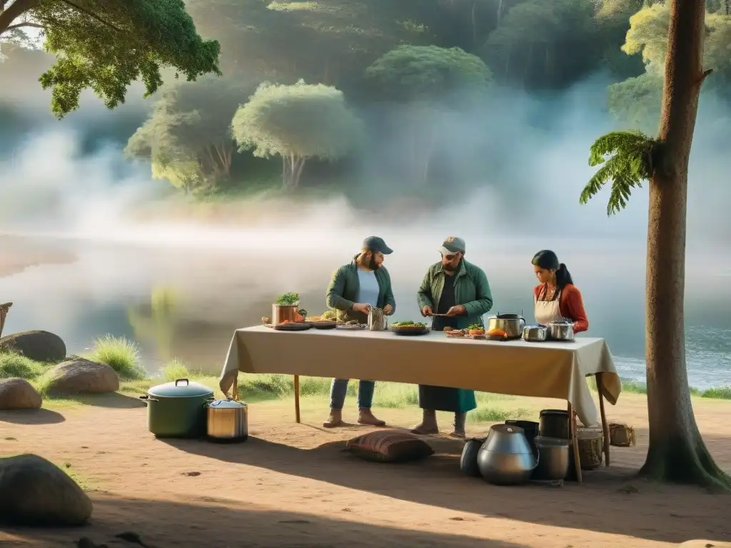 Cocinas portátiles para camping en Uruguay: Campistas armando cocina al aire libre junto al río