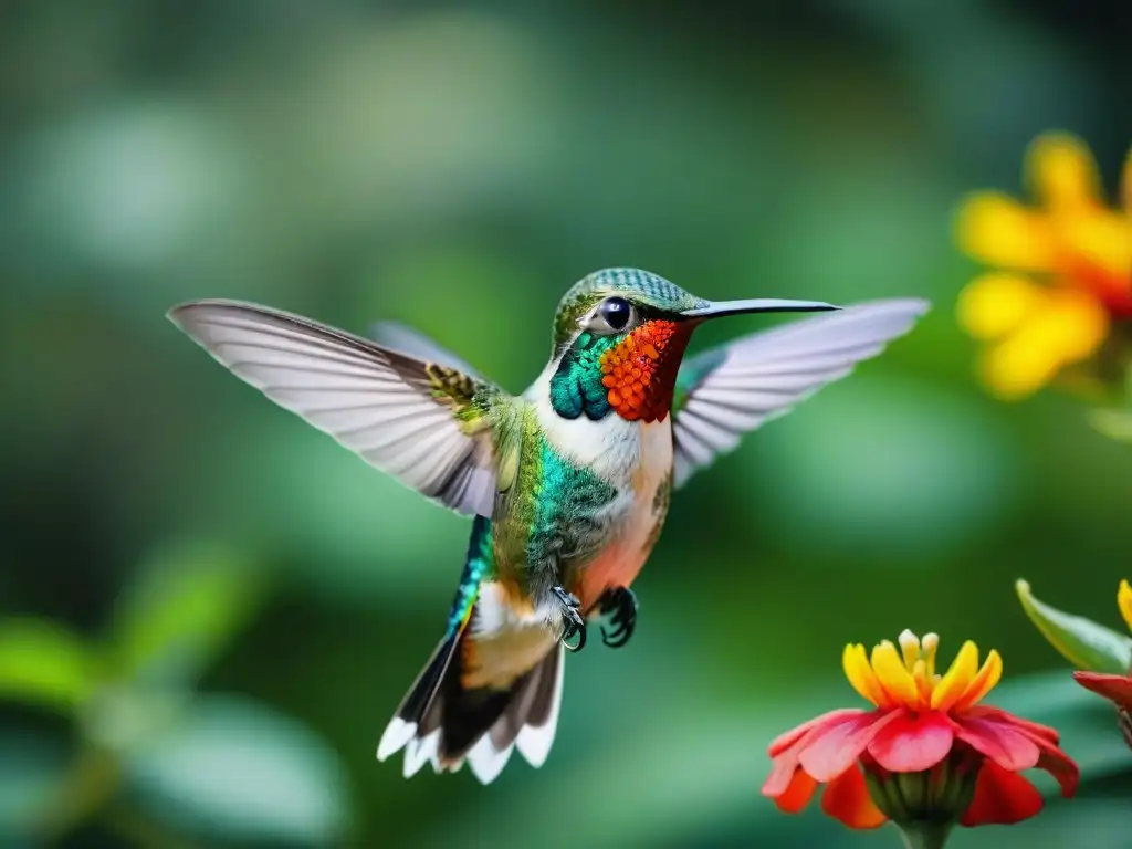 Un colibrí colorido en pleno vuelo junto a una flor vibrante, destacando la belleza de la fotografía de naturaleza en Uruguay