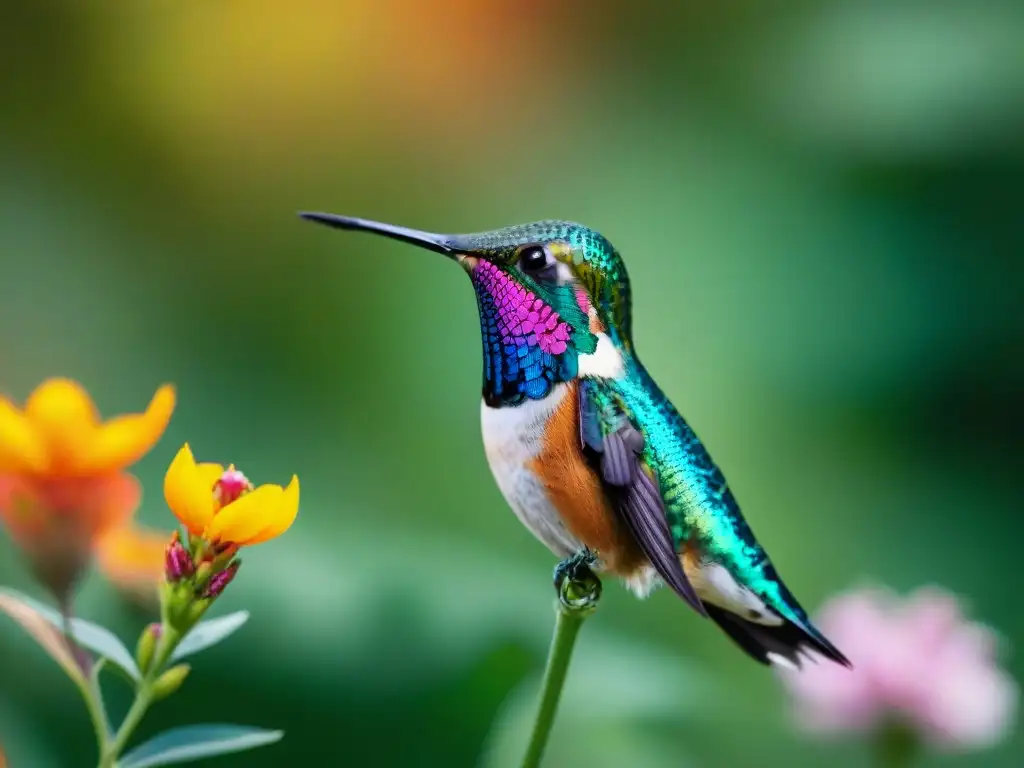 Un colibrí delicado sobrevolando flores nativas en Uruguay