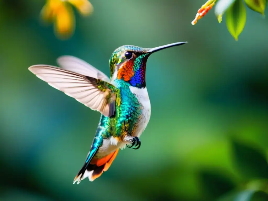 Fotografía de un colibrí vibrante en un bosque lluvioso de Uruguay