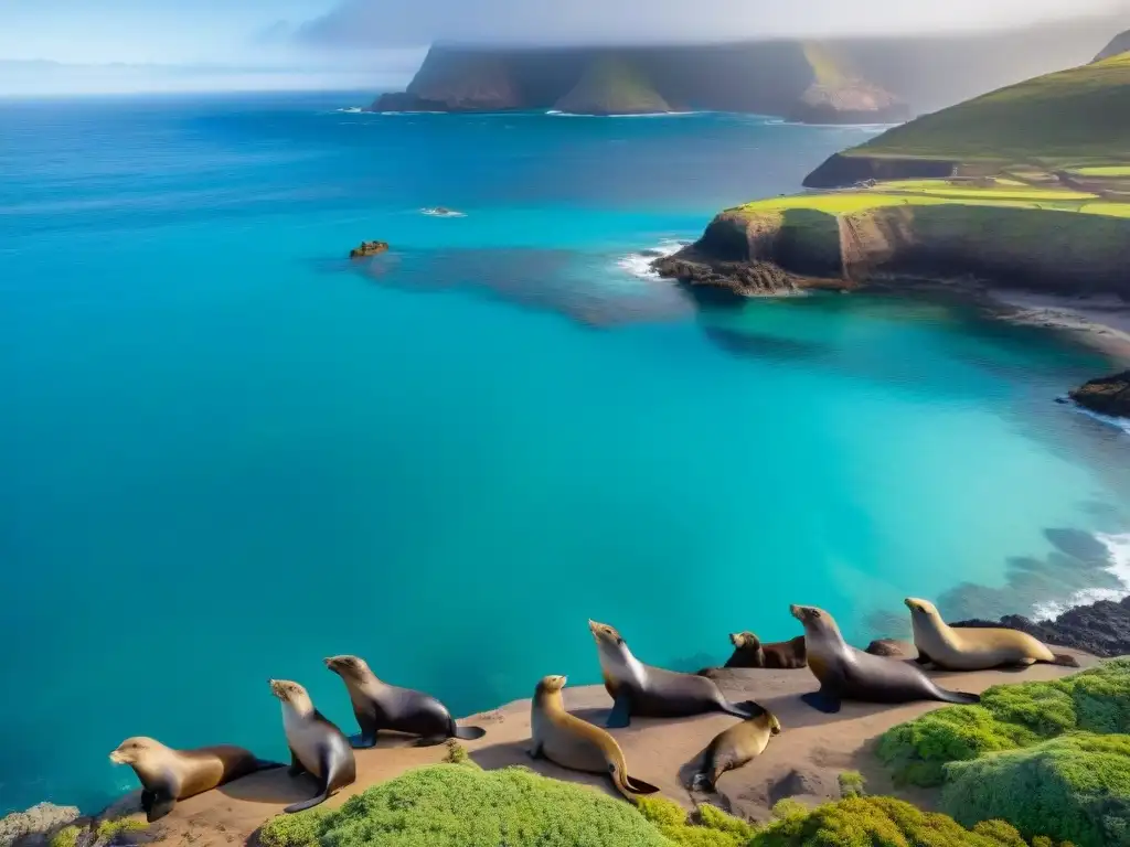 Colonia de lobos marinos en Isla de Lobos, paisaje marino impresionante con aguas turquesa cristalinas