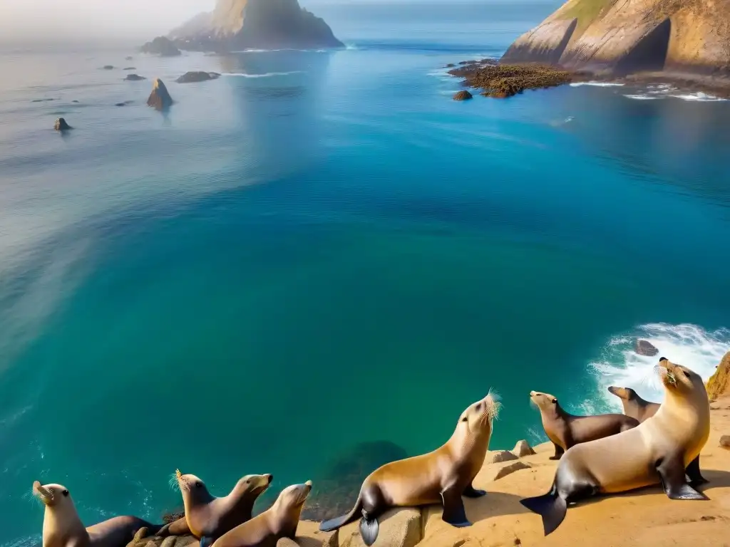 Una colonia de lobos marinos majestuosos descansando en la costa rocosa de la Isla de Lobos, bajo el sol