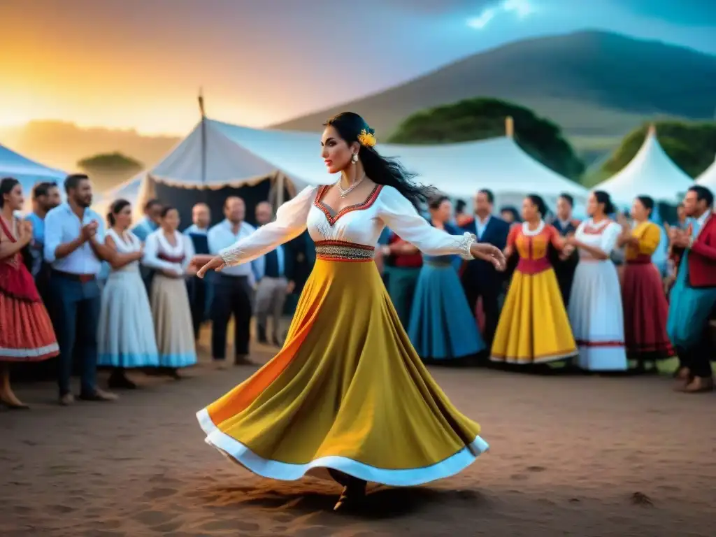 Colorida danza folclórica uruguaya en un camping, con vestimenta vibrante y ambiente festivo al atardecer