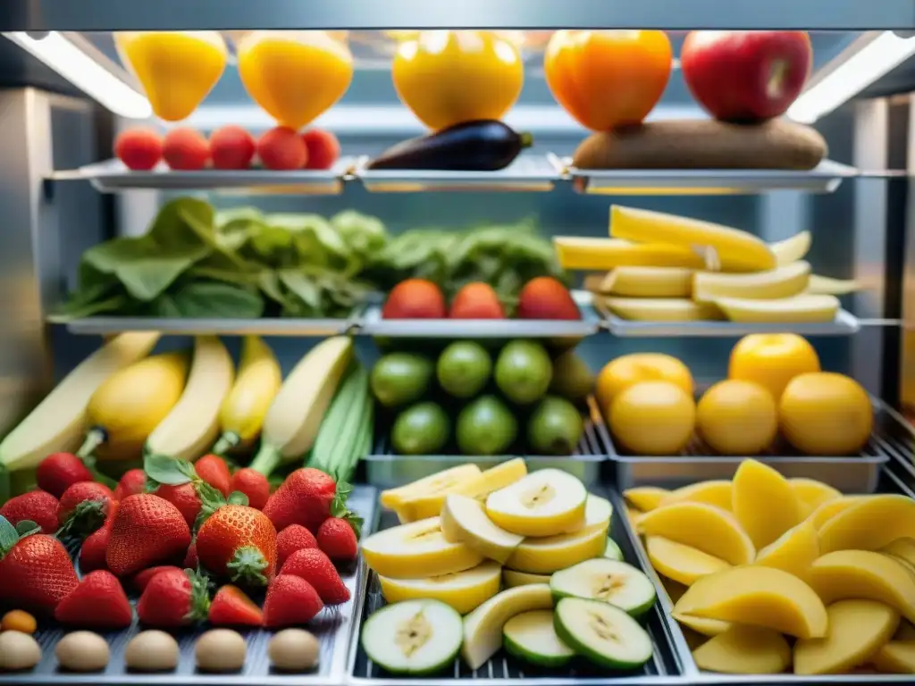 Coloridas frutas y verduras cortadas en bandejas de deshidratador, técnicas de deshidratación para camping