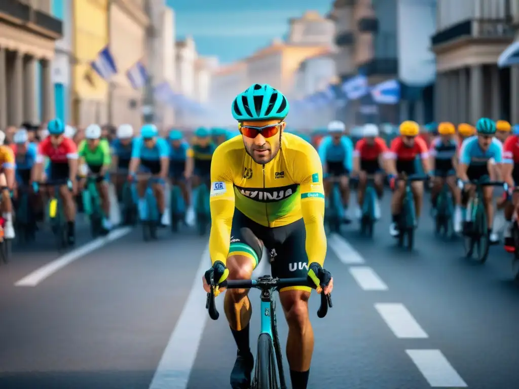 Colorido evento de ciclismo en Uruguay, con ciclistas y espectadores animados en Montevideo durante festival cultural