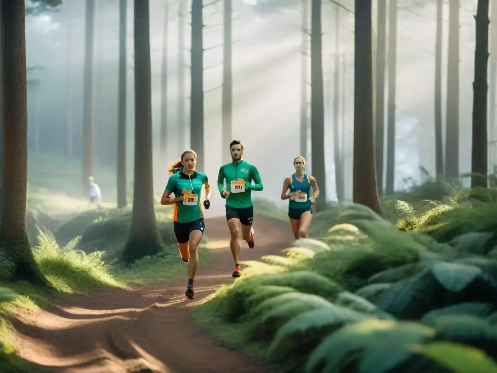 Competidores en carrera de orientación en un denso bosque de Uruguay, transmitiendo deporte y aventura en la naturaleza