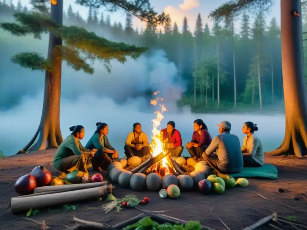 Una comunidad indígena preservando alimentos alrededor de fogata en el bosque