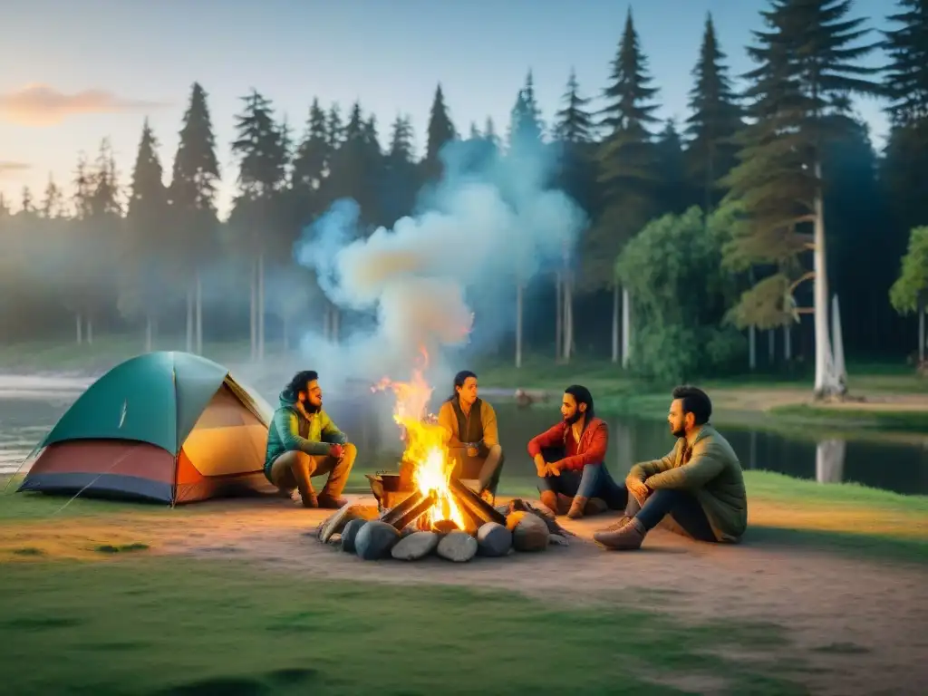 Comunidades campistas en Uruguay reunidas alrededor de la fogata al atardecer en un camping