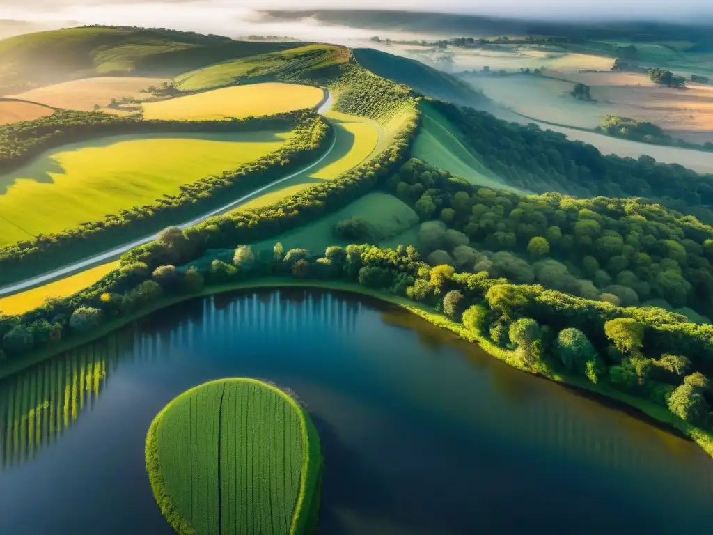 Configuraciones cámara para drones en Uruguay: Vista aérea impresionante del paisaje verde y sereno al atardecer