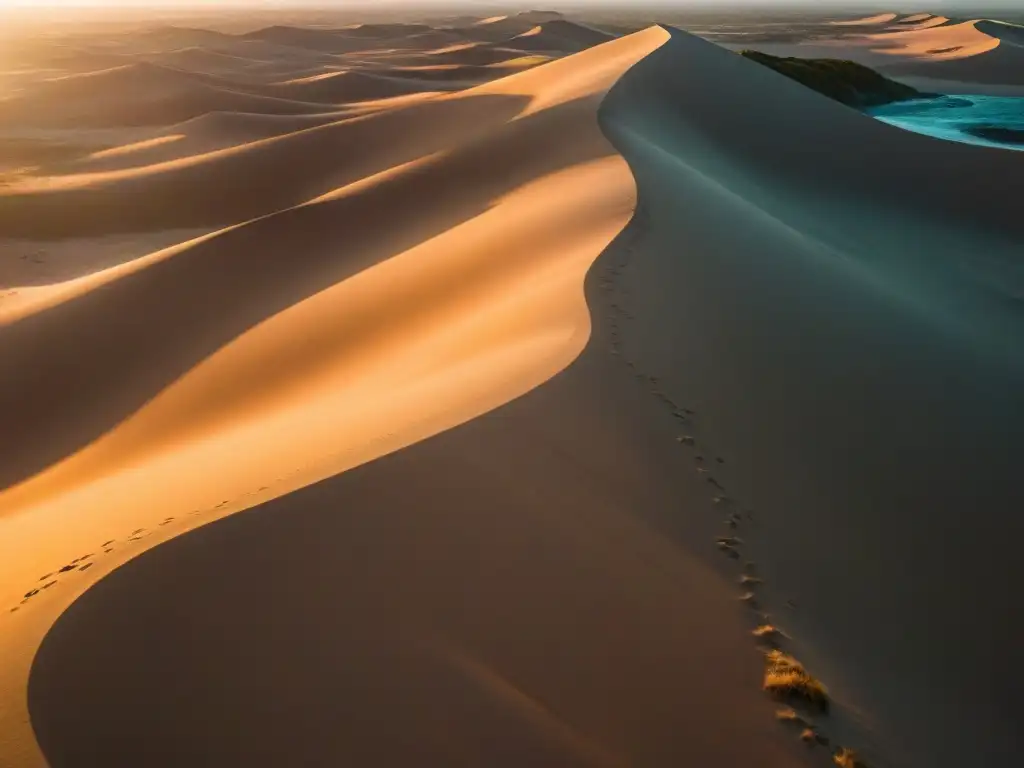 Configuraciones cámara para drones Uruguay: Atardecer sobre las dunas de Cabo Polonio, con el sol tiñendo de colores cálidos el paisaje