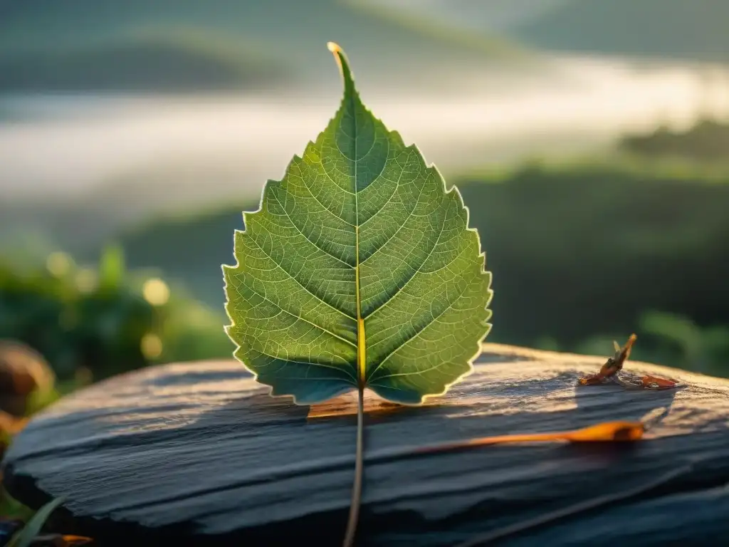 Fotografía consciente en camping Uruguay: hoja cubierta de rocío en bosque neblinoso