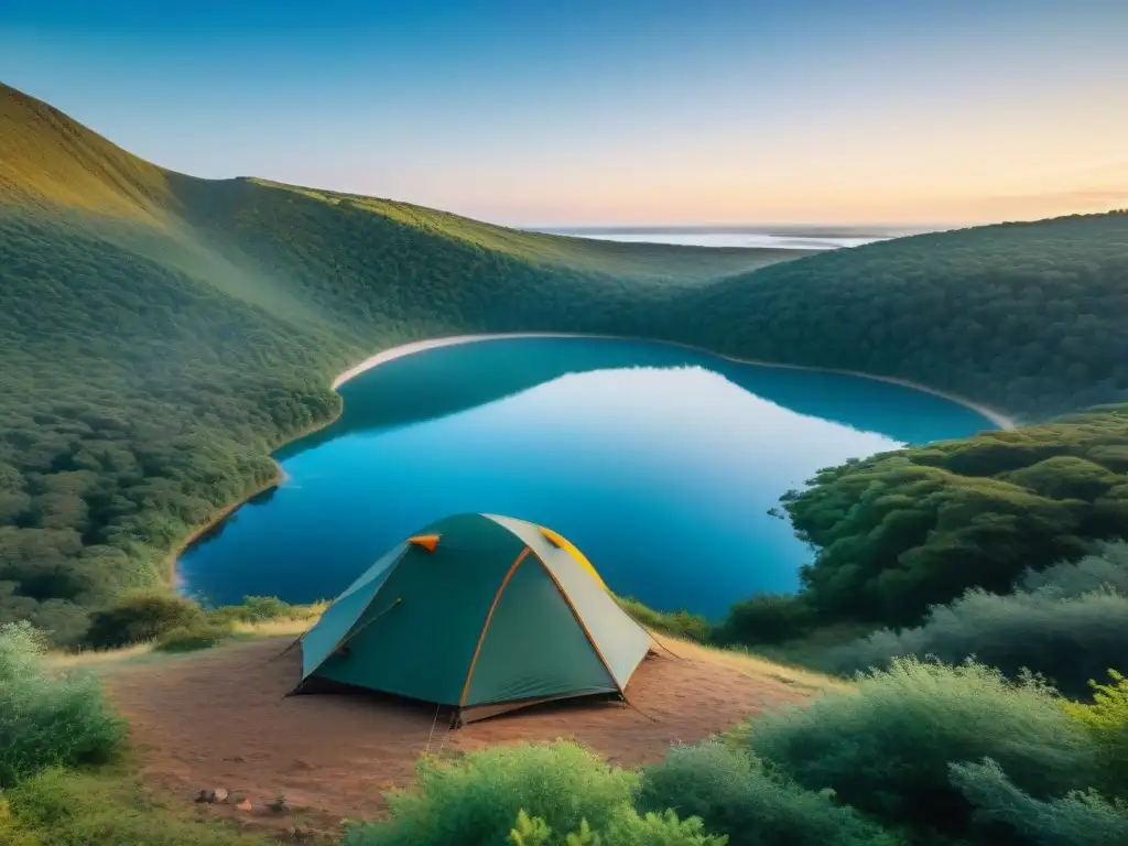 Fotografía consciente en camping Uruguay: Tienda de campaña en entorno natural junto a lago y fuego