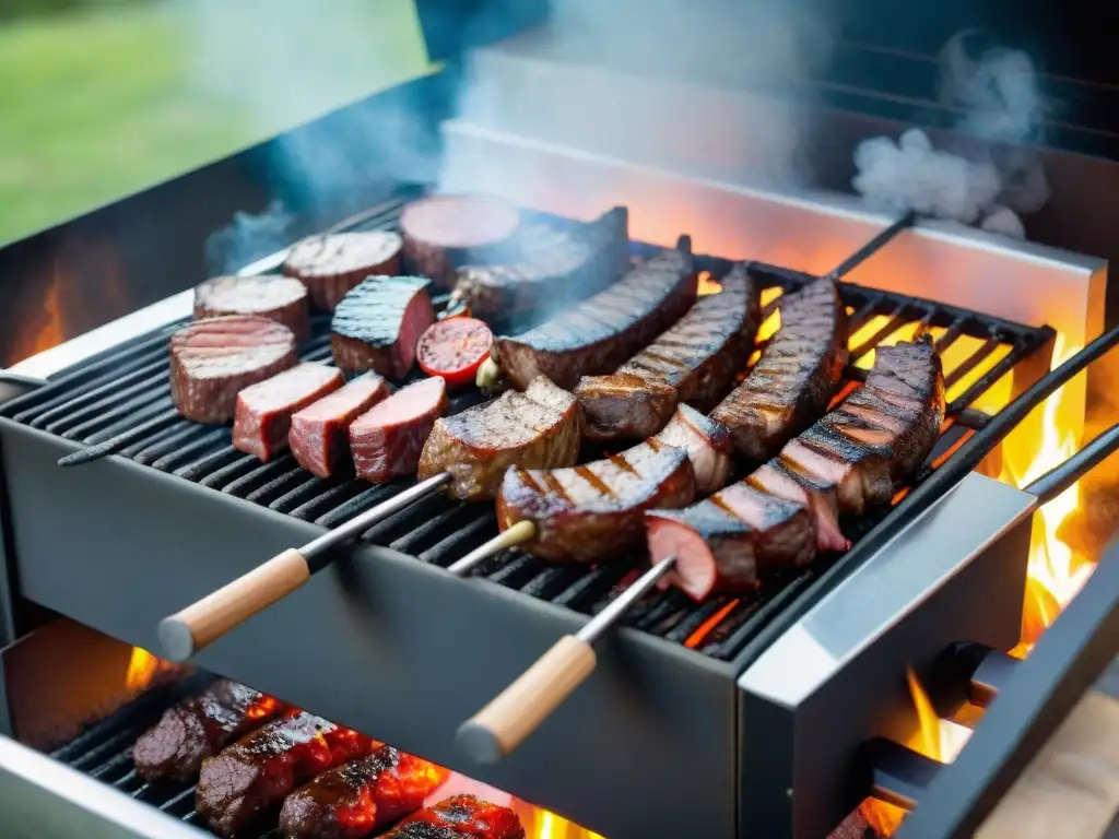 Consejos para hacer asado camping: Asado argentino en parrilla con cortes de carne suculentos y ambiente al aire libre